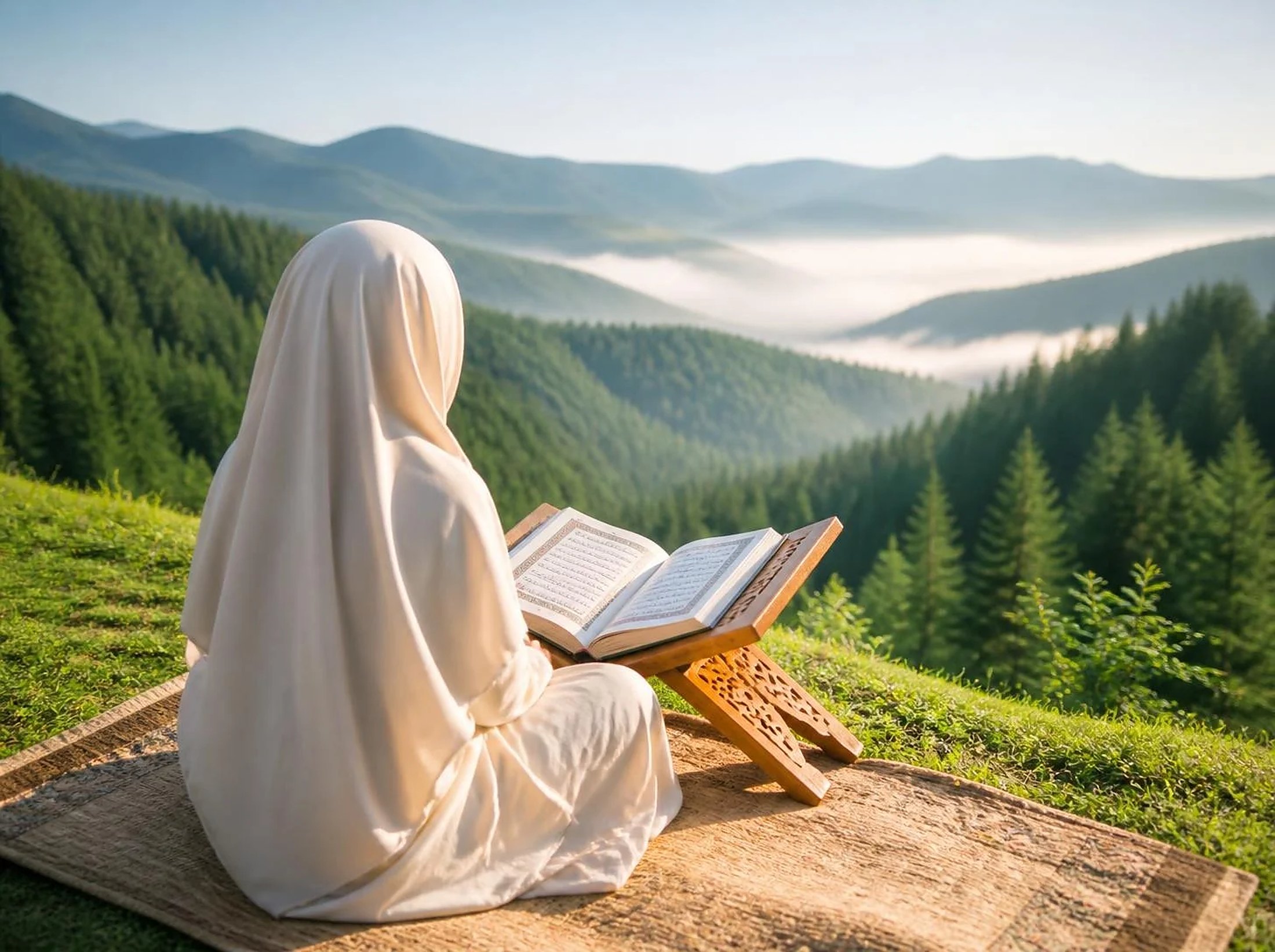 A girl in a hijab reading the Qur'an on a sunny mountain ridge above a misty forest valley